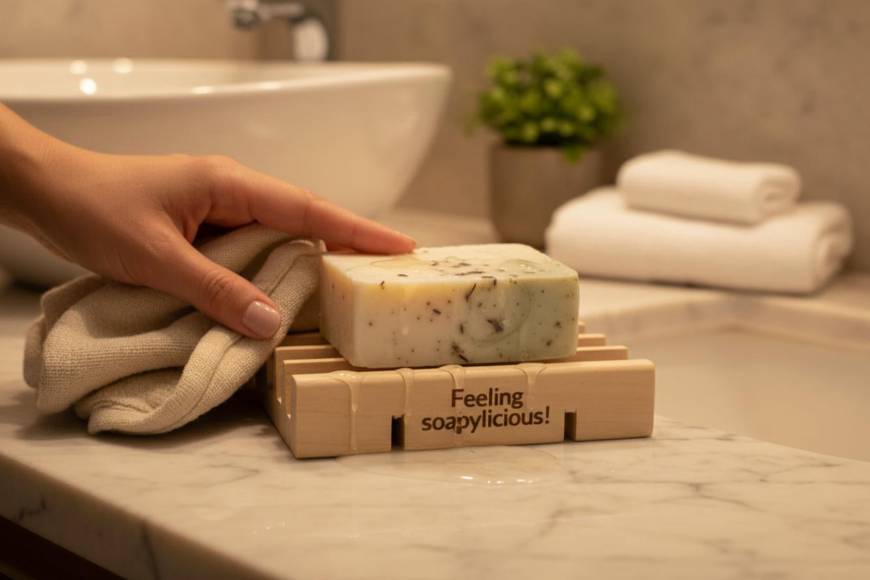 Soap bar on wood soap dish with drains engraved for branding by PPC Handmade