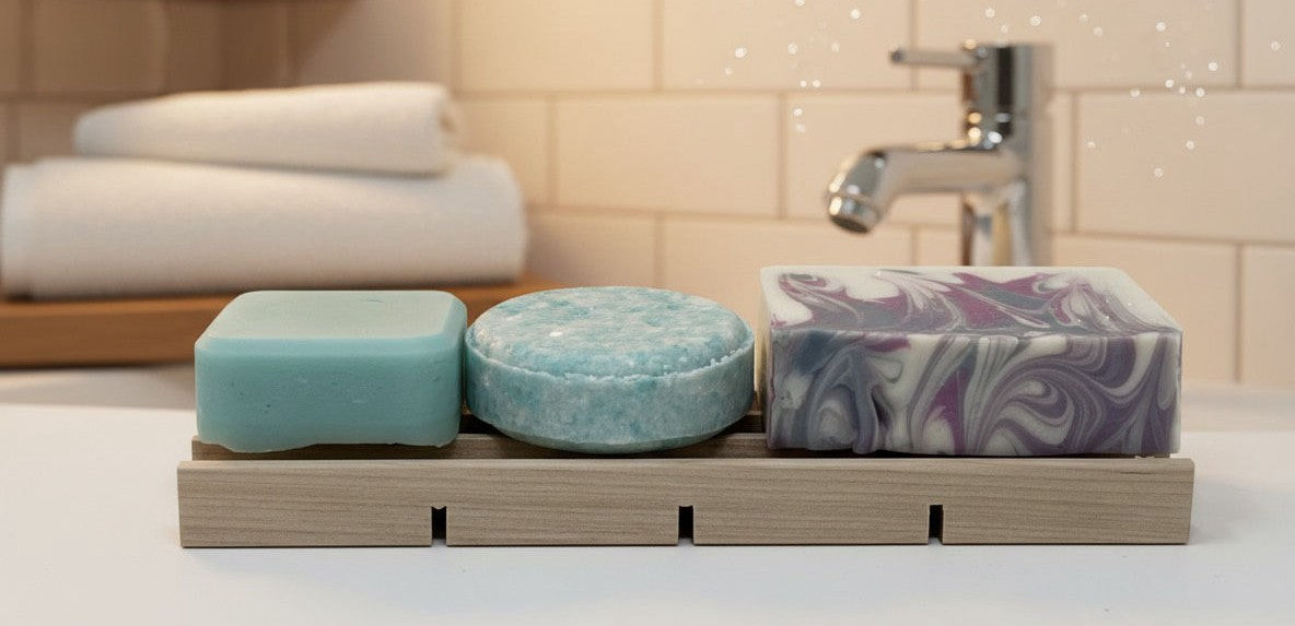 Three soaps on a wooden soap dish with drains, made in Michigan USA