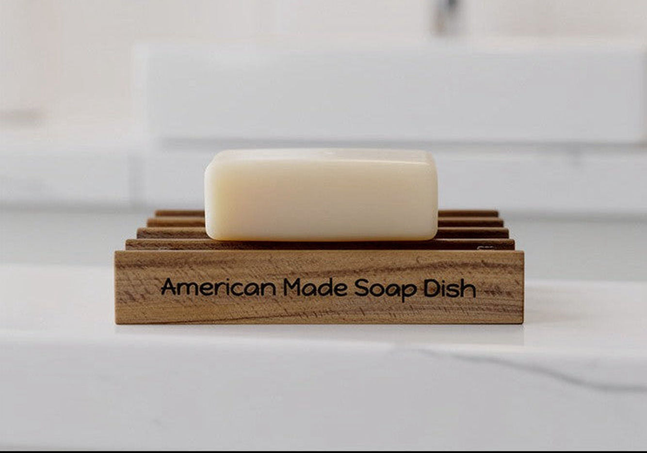 Wooden soap saver with a bar of soap and engraved American made soap dish