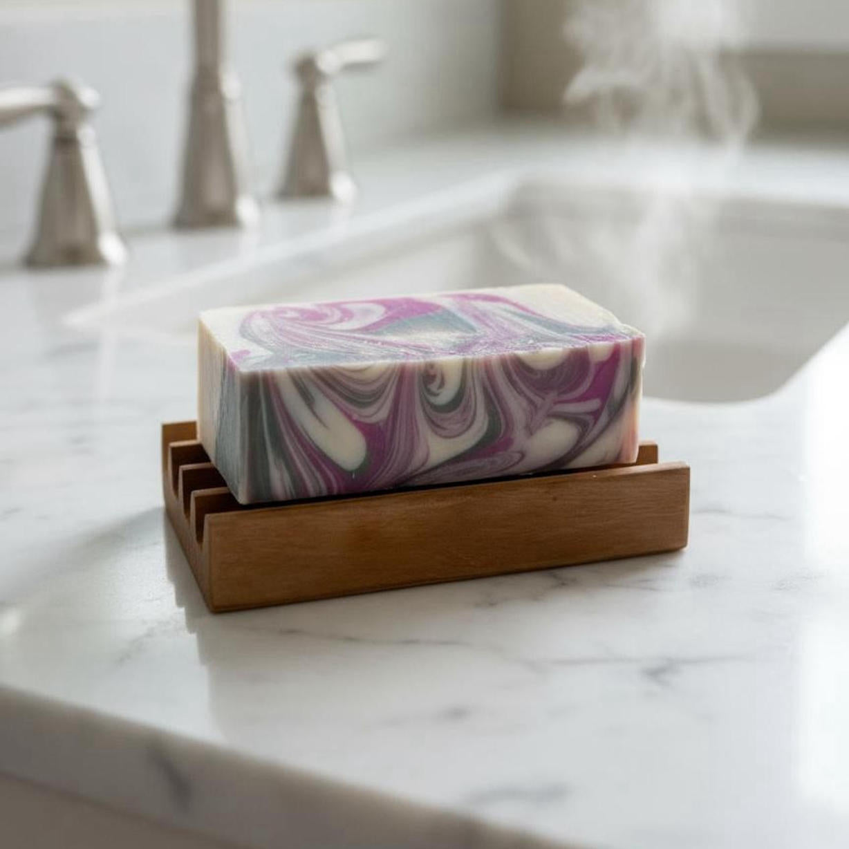 Colorful bar soap on top of a cherry wooden soap dish made in USA