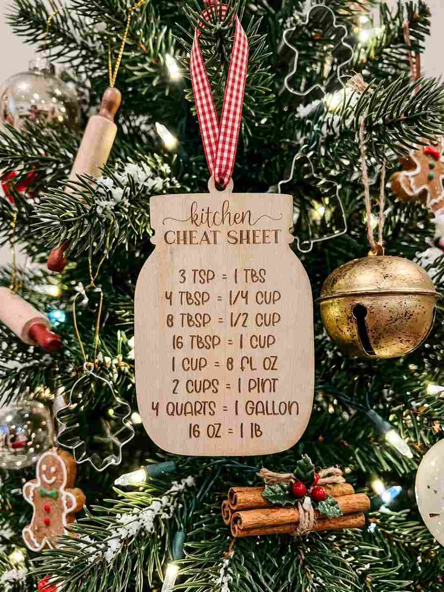 A wooden kitchen cheat sheet Christmas ornament hanging on a decorated Christmas tree. The ornament is shaped like a mason jar and features engraved conversion charts for cups, pints, quarts, and pounds, with a red and white gingham ribbon hanging from it.