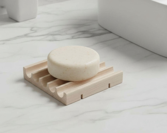 Bar of soap on a wooden soap dish made in USA
