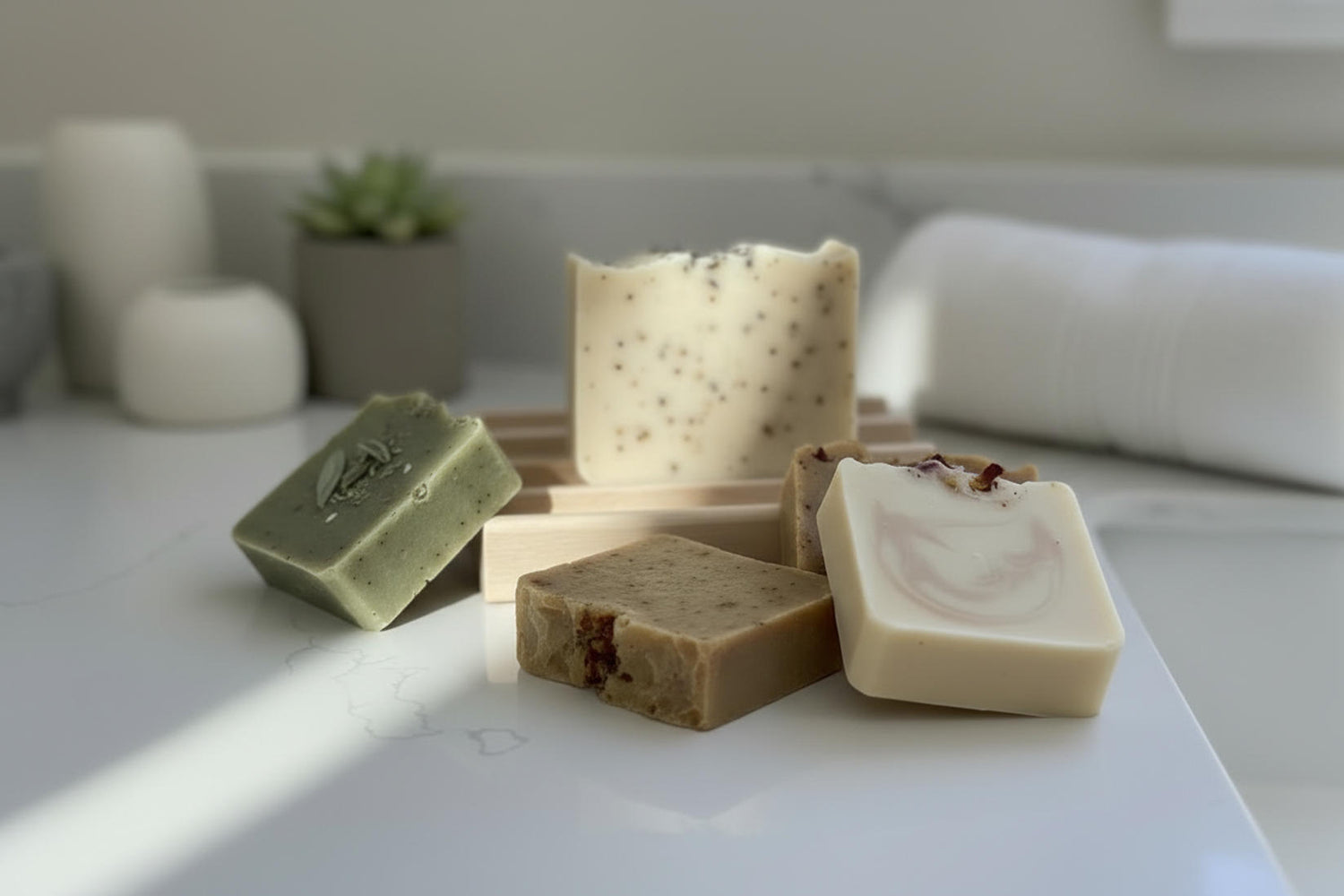 Assorted bars of soap on a wooden soap dish on a white surface with a blurred background